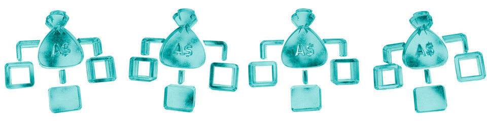 Set of four 3D australian dollar income distribution shapes in frosted blue ice glass style, isolated on a transparent background. Glassmorphism icons and 3D elements for modern graphic design.