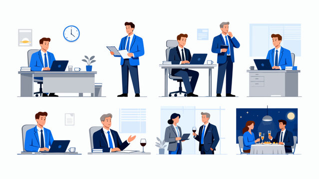 This illustration showcases various business scenarios, including meetings, collaborations, and presentations, depicting the different aspects of corporate work and teamwork.