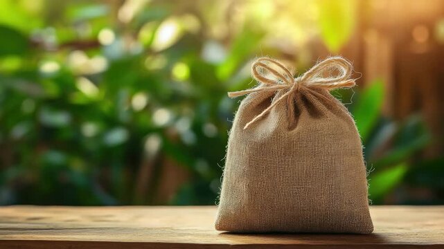 Crafted with care, this small burlap bag features a sturdy drawstring and a delicate bow. Perfect for gifts in a natural setting.