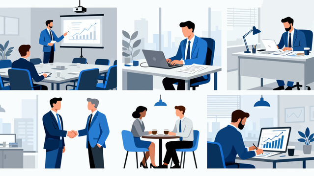 This illustration showcases various business scenarios, including meetings, collaborations, and presentations, depicting the different aspects of corporate work and teamwork.