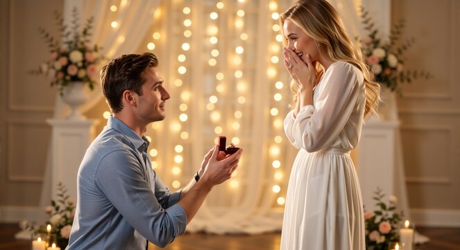Man proposing to woman holding engagement ring box. Surprised girlfriend reacting to marriage proposal. Romantic couple with festive lights background - Powered by Adobe