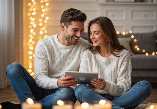 Happy young couple using digital tablet at home during Christmas holidays. Man and woman in white sweaters sitting on floor with candles and festive lights