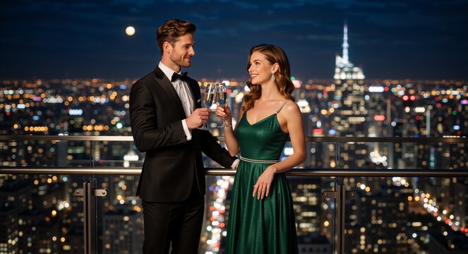 Elegant couple toasting with champagne on a rooftop at night. Romantic man and woman in formal wear celebrating against a city skyline. New Year or Christmas party concept