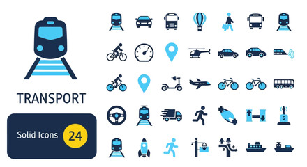 Transportation Icons Set Train, Car, Plane, and More - Sleek Design
