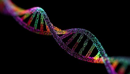 A vibrant, colorful, abstract representation of a DNA double helix against a stark black background