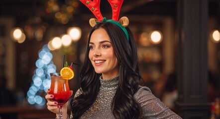 Smiling woman wearing reindeer antlers holding a cocktail at a Christmas party. Festive young female in sparkly top drinking alcohol in a bar with bokeh lights. Holiday celebration concept
