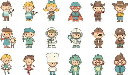 Cute Cartoon Characters Kids Playing Dress Up in Diverse Costumes