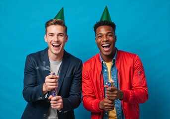 Two happy multi-ethnic men celebrating with party poppers. Cheerful friends in party hats laughing on a blue background