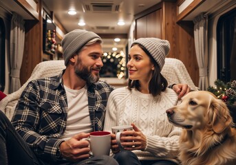 Romantic couple and dog celebrating Christmas in a cozy RV. Happy man and woman drinking hot cocoa in a camper van with winter decorations. Van life holiday concept