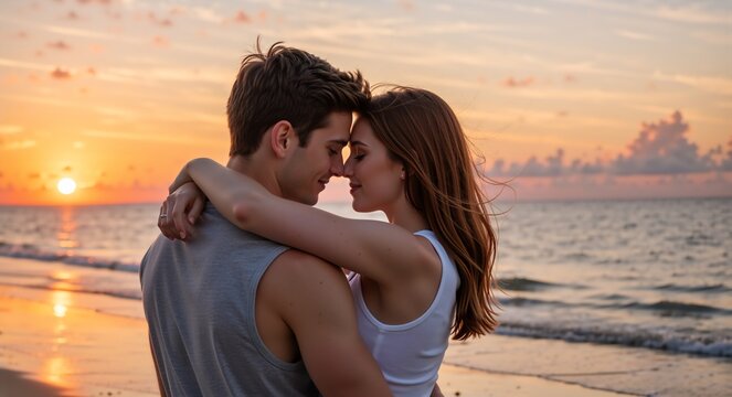 Romantic couple embracing on the beach at sunset. Young man and woman in love sharing an intimate moment by the ocean during a vacation - Powered by Adobe