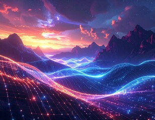 Futuristic Landscape with Glowing Waves and Mountain Silhouette at Sunset.