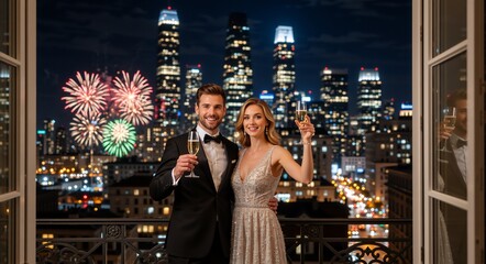 Fototapeta premium Happy couple celebrating New Year's Eve with champagne on a balcony. Man and woman in formal wear watching fireworks over city skyline. Luxury lifestyle concept