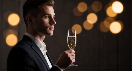 An elegant young man in a suit holding a glass of champagne at a party. Handsome businessman celebrating a special occasion with a bokeh background. Success and luxury concept