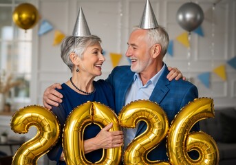 Happy senior couple celebrating New Year 2026 with gold balloons. Elderly man and woman wearing party hats holding numbers. Holiday party concept