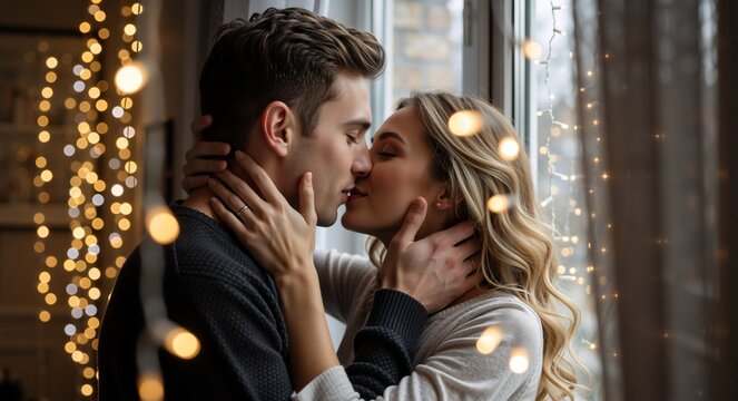 Young romantic couple kissing and embracing at home during the holidays. Intimate moment between a man and woman with festive bokeh lights in the background