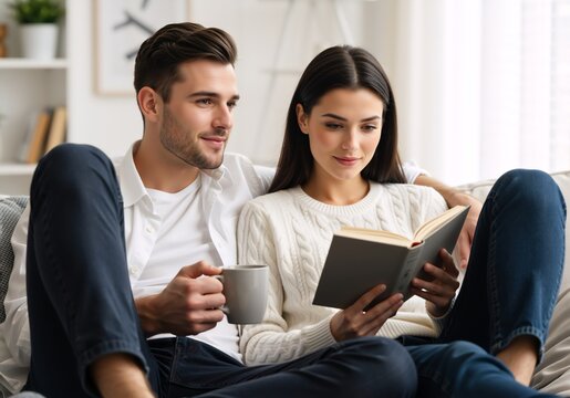 Young couple relaxing on a sofa at home. Woman reading a book while man holds a mug and looks at her. Cozy domestic lifestyle concept