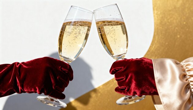 Elegant toast with champagne glasses held by hands in red velvet gloves. A luxurious celebration for a party or special occasion. Festive white and gold background