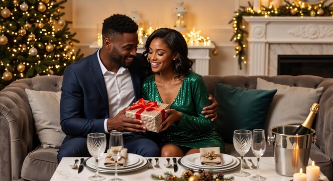An affectionate African American couple exchanging a Christmas gift at home. A smiling man gives a present to a happy woman during a romantic holiday celebration