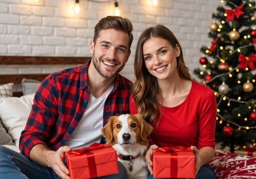 Christmas portrait of a happy couple and their pet dog with gifts. Young family celebrating the winter holidays together in a cozy home - Powered by Adobe