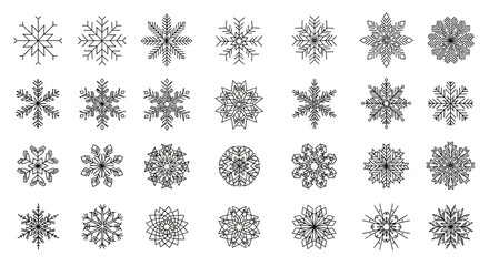 Collection of intricate, delicate snowflake icons, perfect for winter holiday and Christmas designs