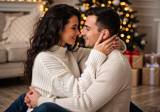 Romantic young couple sitting on the floor near a Christmas tree. Happy man and woman in white sweaters hugging and looking at each other with love. Winter holiday celebration at home