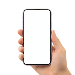Hand holding a modern smartphone with a blank white screen display for advertising purposes,