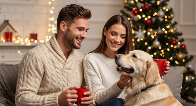 Happy couple sitting on sofa with Golden Retriever dog at Christmas. Man and woman holding red mugs in decorated living room. Winter holiday concept