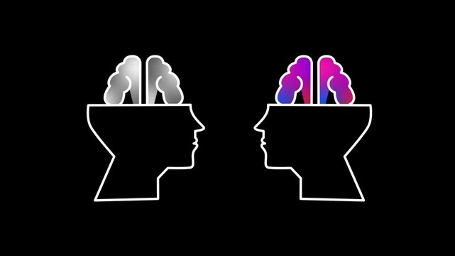 Two outlined heads face each other, each revealing a colorful segmented brain, symbolizing shared cognition, mutual insight, and the exchange of intellectual ideas.