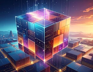 Futuristic Technology Cube Floating Above Cityscape with Glowing Lights.