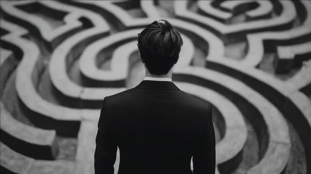 A person in a suit gazes at a complex labyrinth pattern, suggesting deep contemplation and the intricacies of thought.