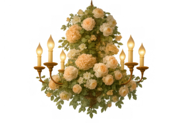 Chandelier decorated with blooming garden roses and foliage, candlelight illuminating a transparent background