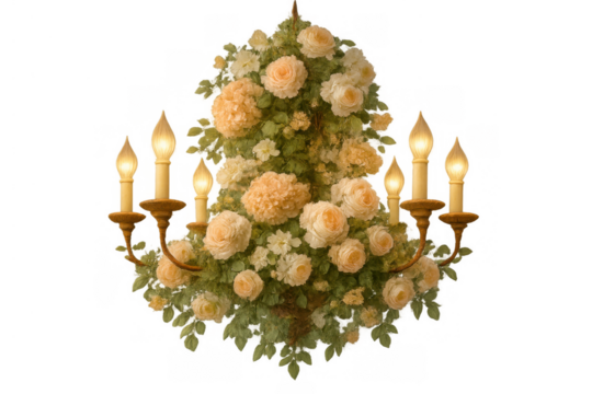 Chandelier decorated with blooming garden roses and foliage, candlelight illuminating a transparent background