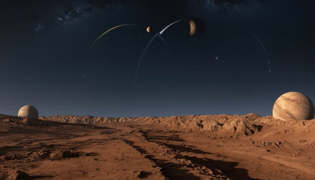 Spectacular alien landscape with planets and comets, evoking cosmic exploration and wonder
