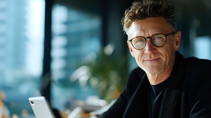 Middle-aged Caucasian businessman with glasses smiling confidently in modern office environment with city view and greenery in background.