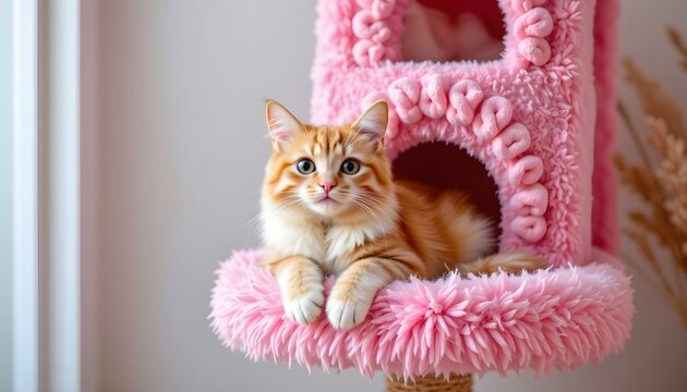 a bubblegum pink cat condo with fluffy textures and a happy cat lounging.
