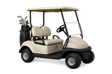 Fototapeta premium Golf cart with clubs ready for course transport, a leisure activity vehicle for recreation and sport, transparent background