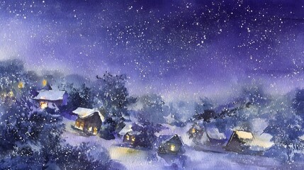 Magical Christmas night watercolor serene winter landscape cozy glowing homes snow falling peaceful scene