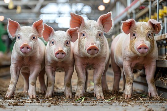 Four young pink piglets standing in a row at a farm, showcasing their curious expressions and distinctive snouts in an agricultural setting.