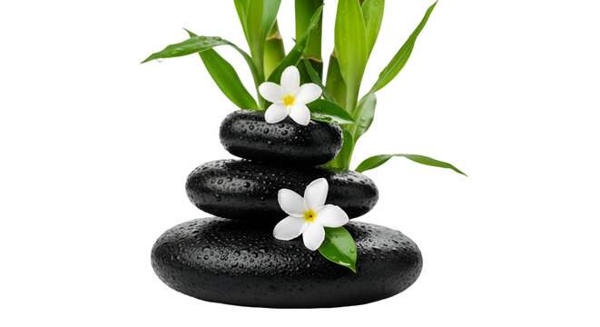 Stacked wet black stones with bamboo and white flowers Keywords: spa, wellness, zen, balance