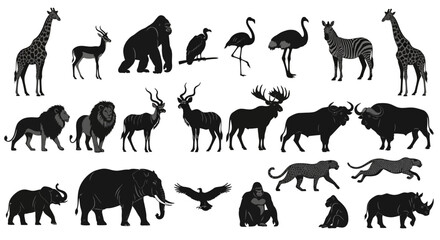 Sleek and Diverse Wildlife Silhouette Collection Comprehensive vector set featuring majestic safari animals and global fauna, perfect for icons and design projects