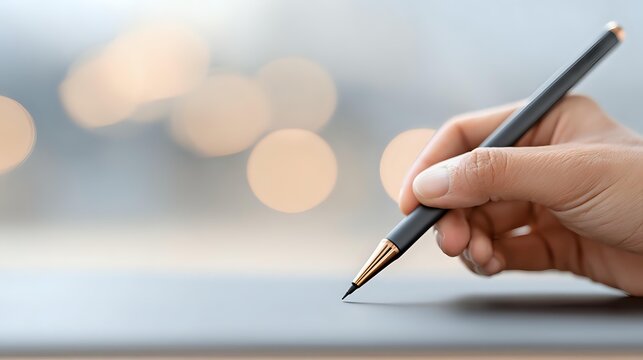 Close-up of Caucasian hand holding elegant black pen poised over document with soft bokeh background, representing business, writing, or contract signing. - Powered by Adobe