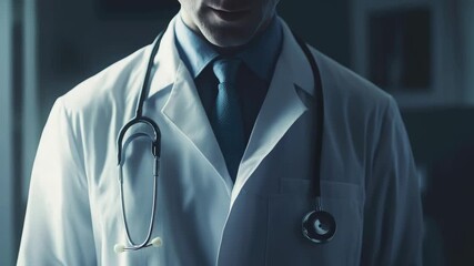 Physician in white lab coat standing at patient bedside with stethoscope. - Powered by Adobe