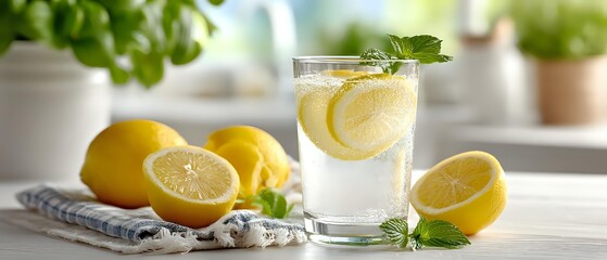Refreshing glass of cold lemonade with ice, lemon slices and mint on wooden table, surrounded by fresh lemons and herbs in bright kitchen setting.