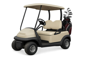 Golf cart with golf bag and clubs on back, ready for golfing across a course or leisurely transport