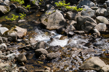 flowing waterfall of the stream in the mountain valley