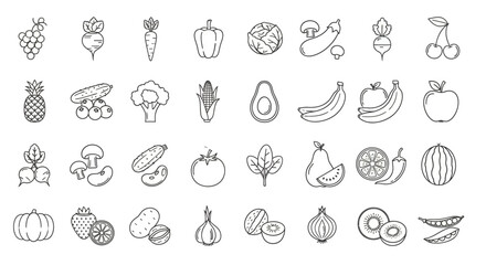 Extensive collection of healthy food outline icons showcasing a diverse range of fruits and vegetables in a clean, minimalist line art style, perfect for nutrition and wellness graphic design projects