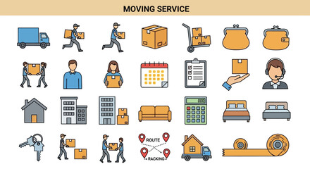 Modern Outline Icon Set for Professional Moving and Delivery Services Logistics, Relocation, and Home Shifting Business Concepts