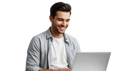 Confident young professional working from home, smiling at laptop screen with positive attitude and modern style