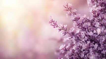 Delicate purple lilac flowers in soft focus with dreamy bokeh background, creating romantic spring atmosphere for greeting cards and floral designs.