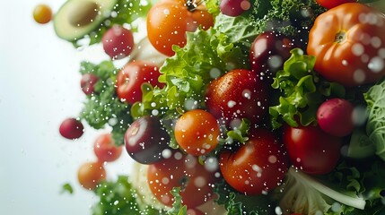 Fresh vegetables and fruits splashing in water with droplets, colorful organic produce including tomatoes, lettuce, avocado and berries for healthy eating.